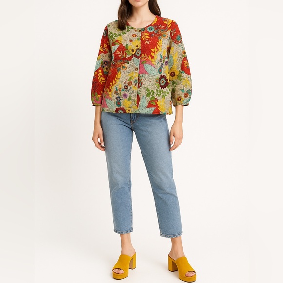 Vintage Tops - VINTAGE Korean Floral Patchwork Silk Blouse | M | Multicolor | Eclectic Boho